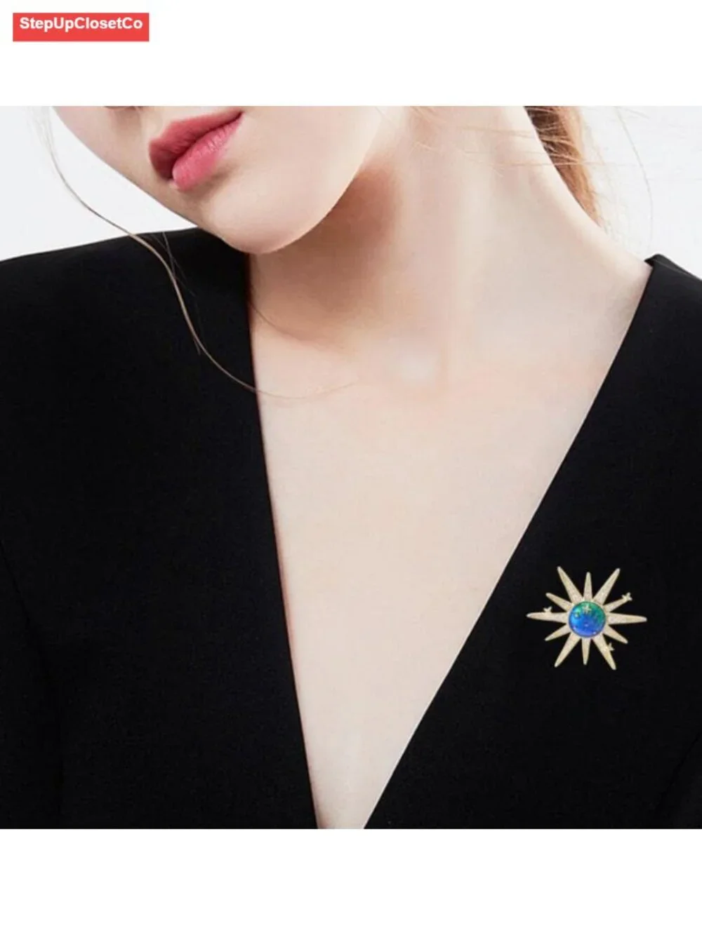 Dainty Sun and Stars Brooch Pin with Cubic Zirconia Crystal